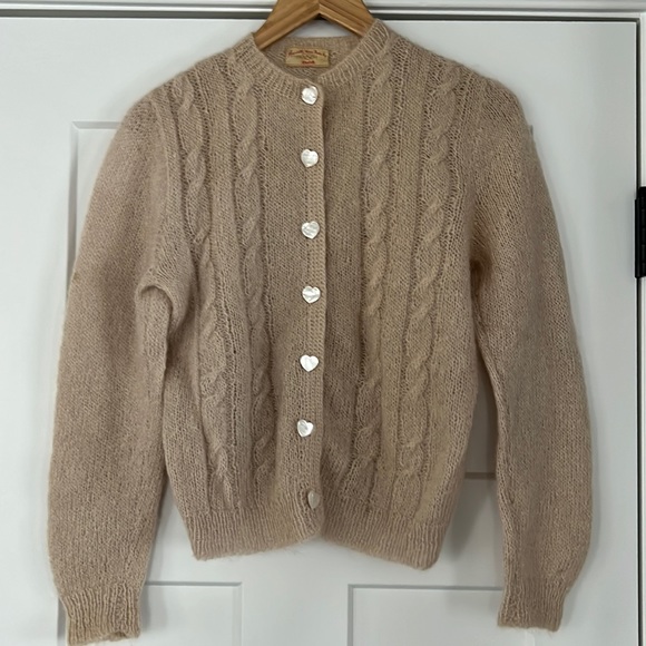 Vintage Sweaters - Vintage, handmade, cardigan, cableknit,mother of pearl heart shaped buttons